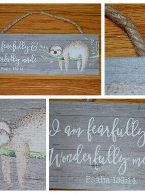 Sloth wall sign I Am Fearfully & Wonderfully Made Psalm 139:14 Bible verse decor
